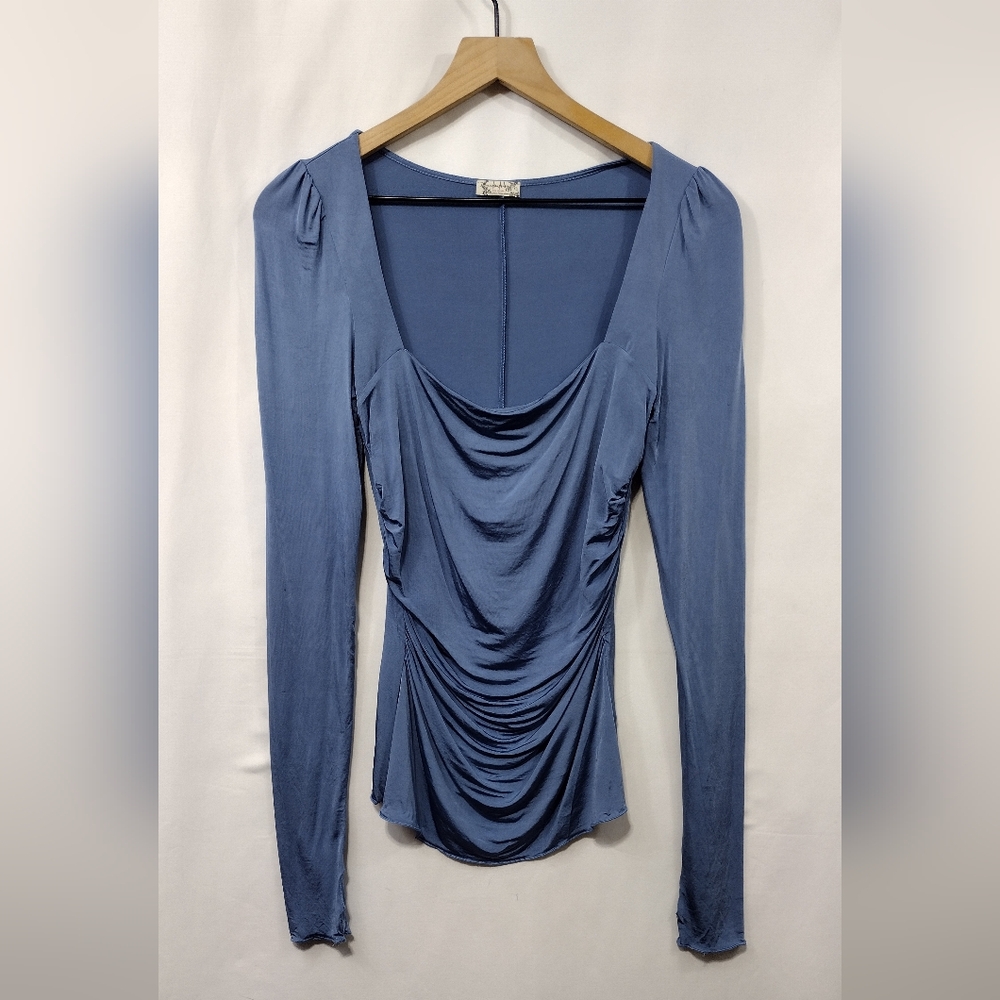 Free People Wind Down Layering Fitted Square Neck Top Women's S Blue Boho Retro - Picture 3 of 13